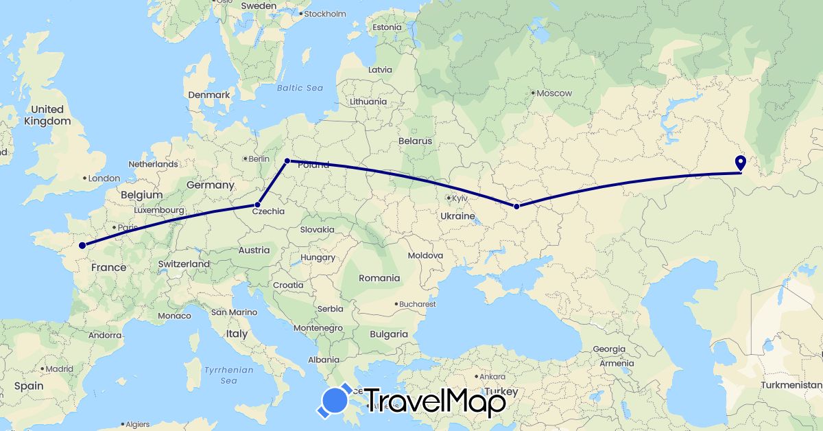 TravelMap itinerary: driving in Czech Republic, France, Poland, Russia, Ukraine (Europe)